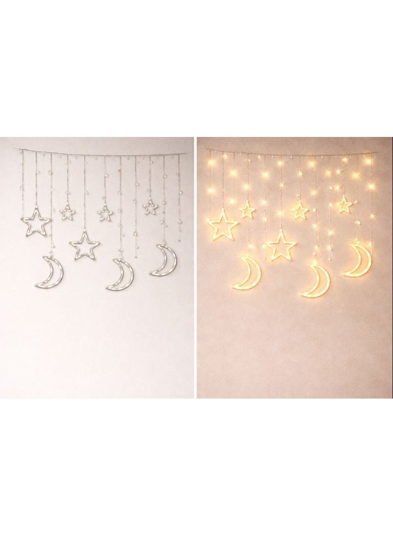 Home Care 10 Hanging Moon & Star Curtain Lights (3M), Warm LED Ramadan & Eid Decorative Plug-In String Lights with High and Low Crescent & Star Design, Color Box Packaging  Assorted design - Image 5